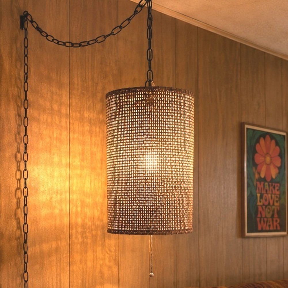Vintage 70's Woven Rattan Swag Lamp Cylindrical Hanging Pendant Light Retro